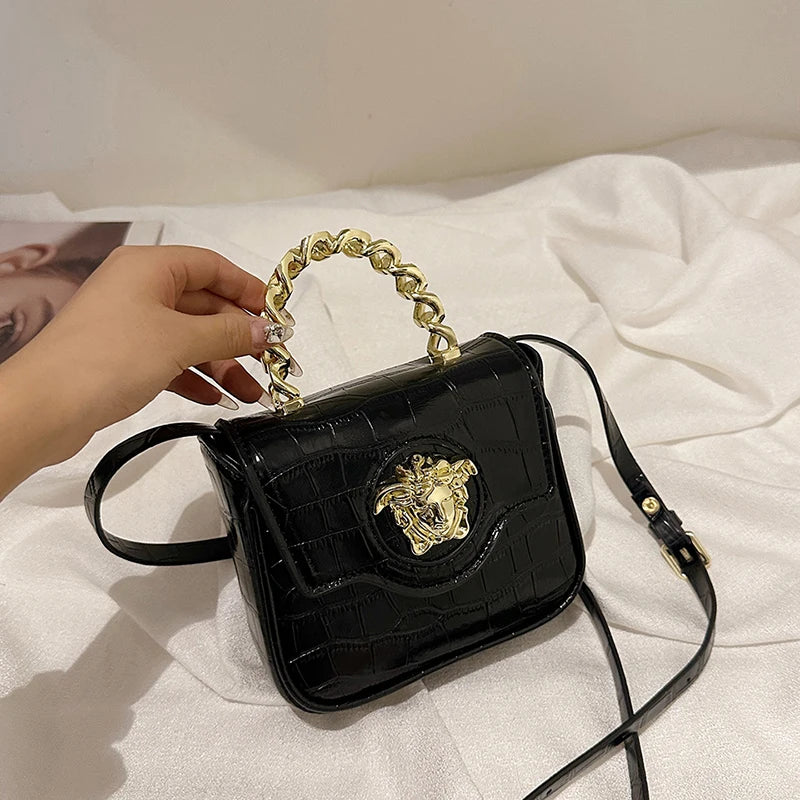 Mini Croc-Embossed Crossbody Bag with Gilded Medusa Logo – Vegan PU Flap, Magnetic Closure, Chain Handle & Adjustable Strap