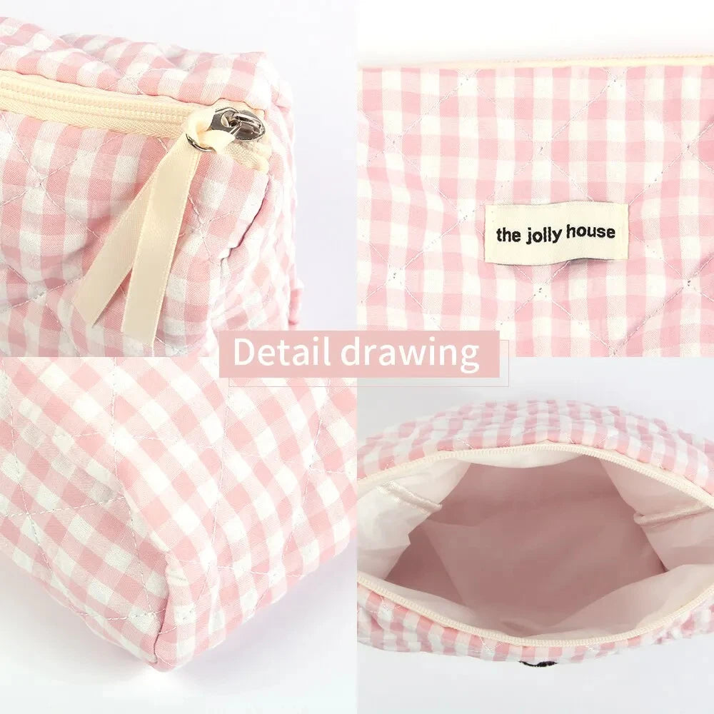 Large Capacity Women's Cosmetic Pouch Pink Plaid Canvas Travel Makeup Bag and Clutch