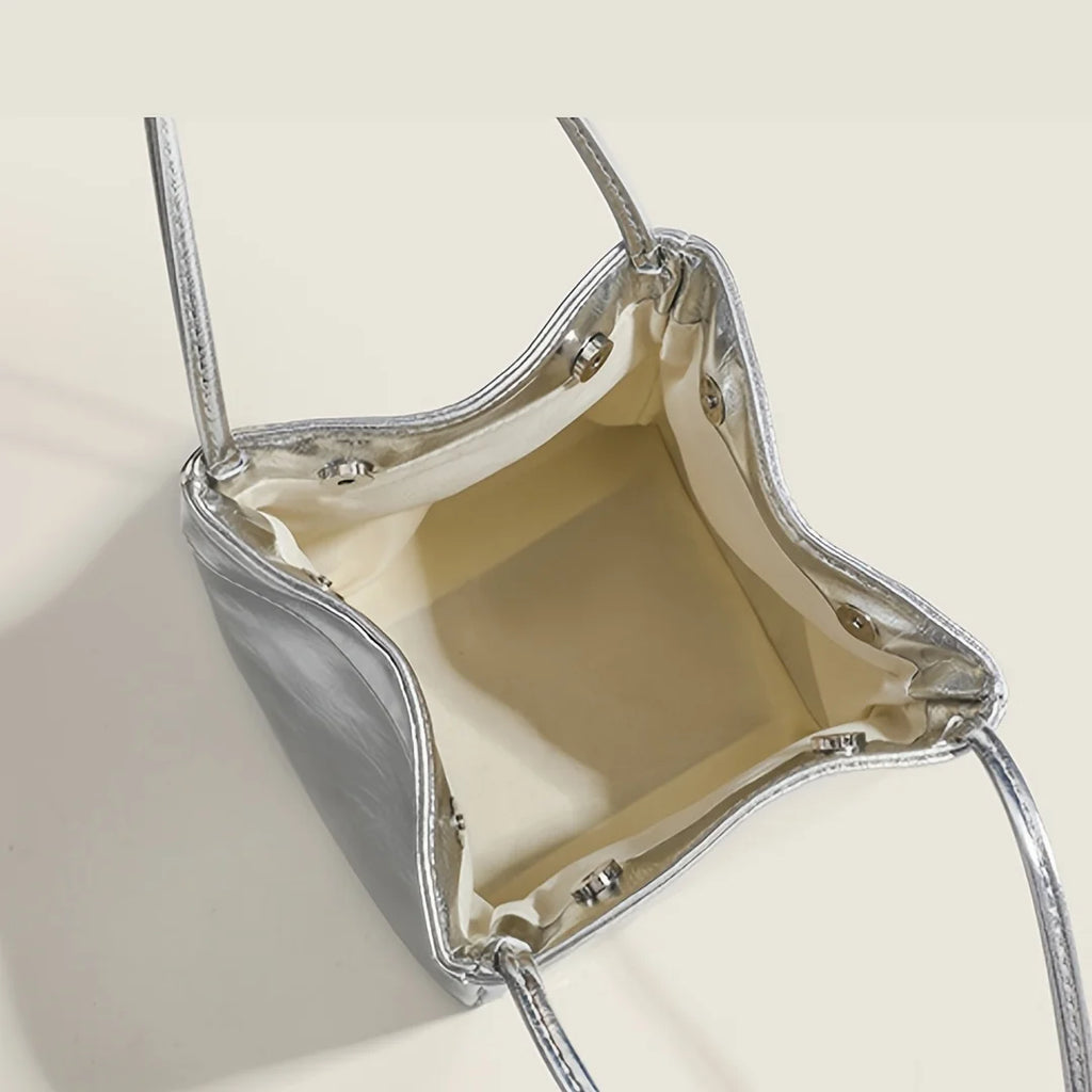 Sparkling Silver Mini Drawstring Bucket Bag - PU Sparkling Handbag with Matching Wallet