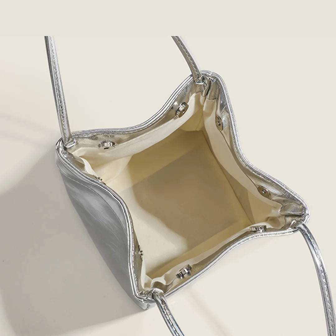 Sparkling Silver Mini Drawstring Bucket Bag - PU Sparkling Handbag with Matching Wallet