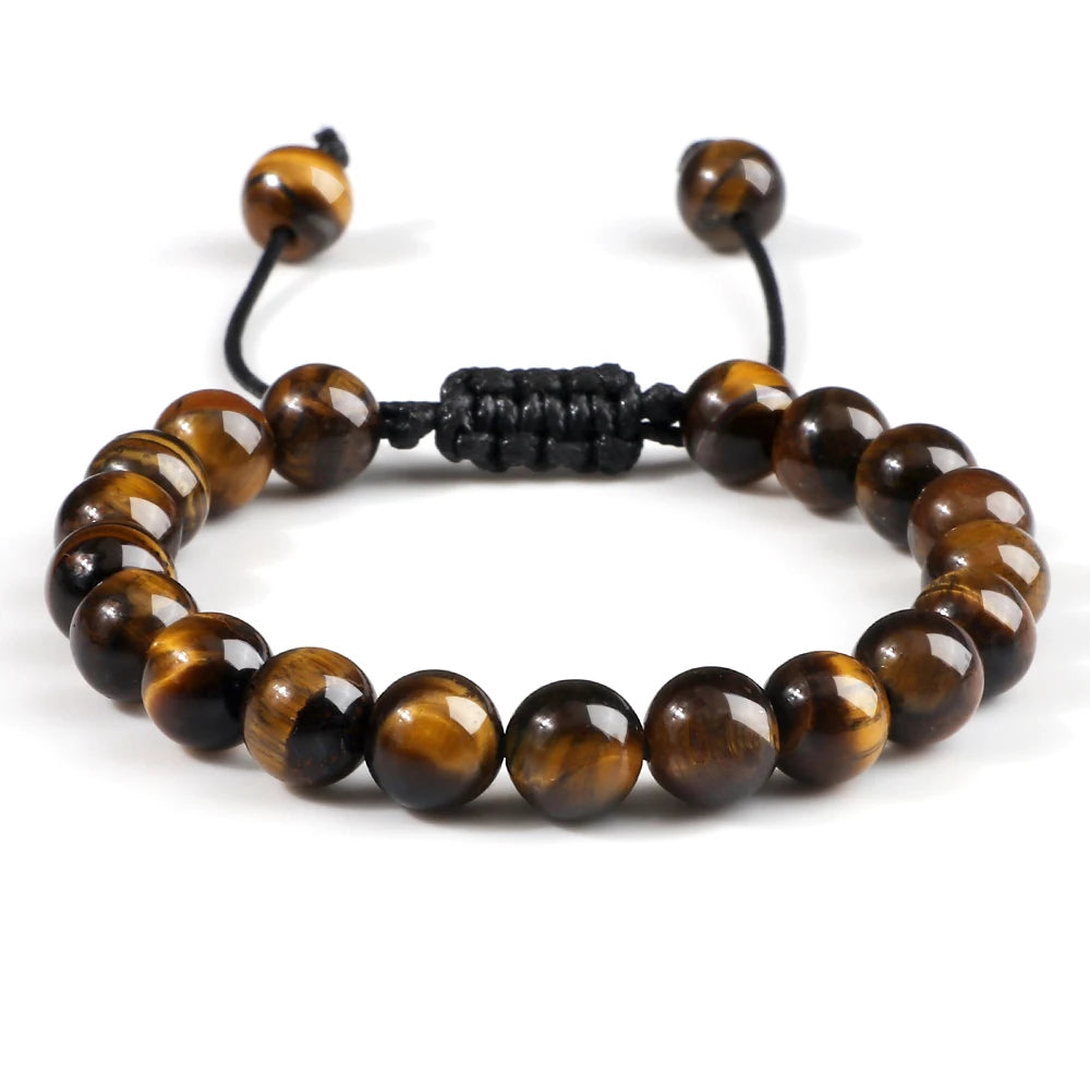 8mm Tiger Eye & Lava Stone Adjustable Braided Bracelet — Unisex Beaded Yoga Healing Energy Bracelet