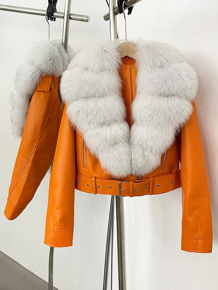 ZMEENNA Women's Faux Leather Moto Jacket with Detachable Faux Fur Collar - Short Warm Winter Coat