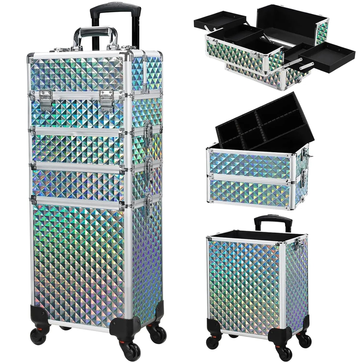 4-in-1 Rolling Makeup Train Case – Large Capacity Cosmetic Trolley with Wheels & Locking Keys for Salon and Travel