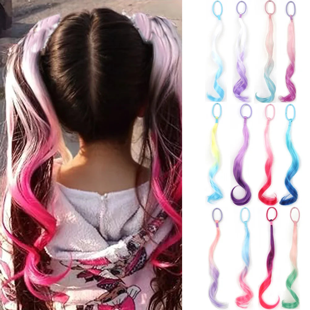 14-Inch (35 cm) Curly Colored Synthetic Ponytail Extension for Kids — Lightweight with Elastic Tie
