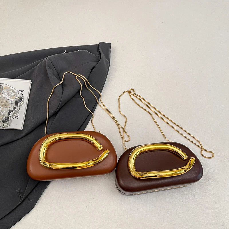 Women's PU Leather Metal-Handle Clutch — Removable Strap Crossbody Evening Bag for Wedding & Party