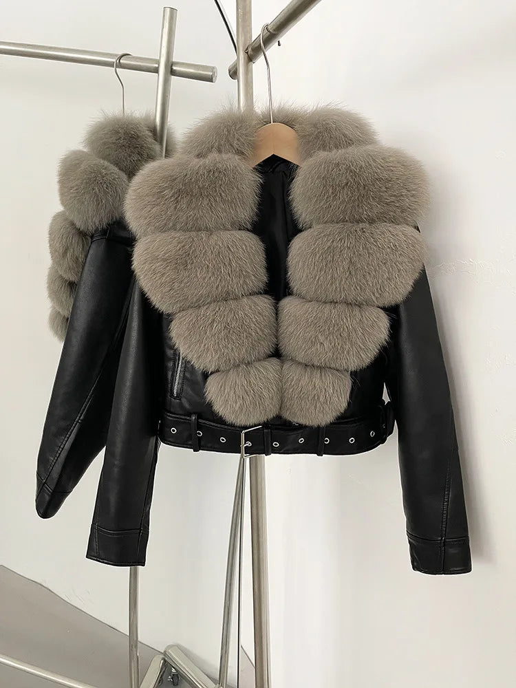 ZMEENNA Women's Faux Leather Moto Jacket with Detachable Faux Fur Collar - Short Warm Winter Coat