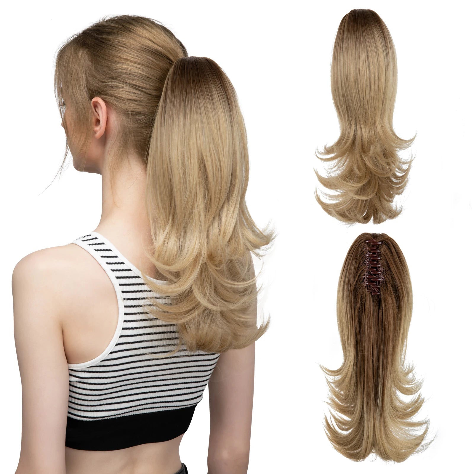 14-Inch (35 cm) Wavy Clip-In Ponytail Extension – Synthetic Claw Clip with Elastic Band, 1 Piece (Blonde/Black)