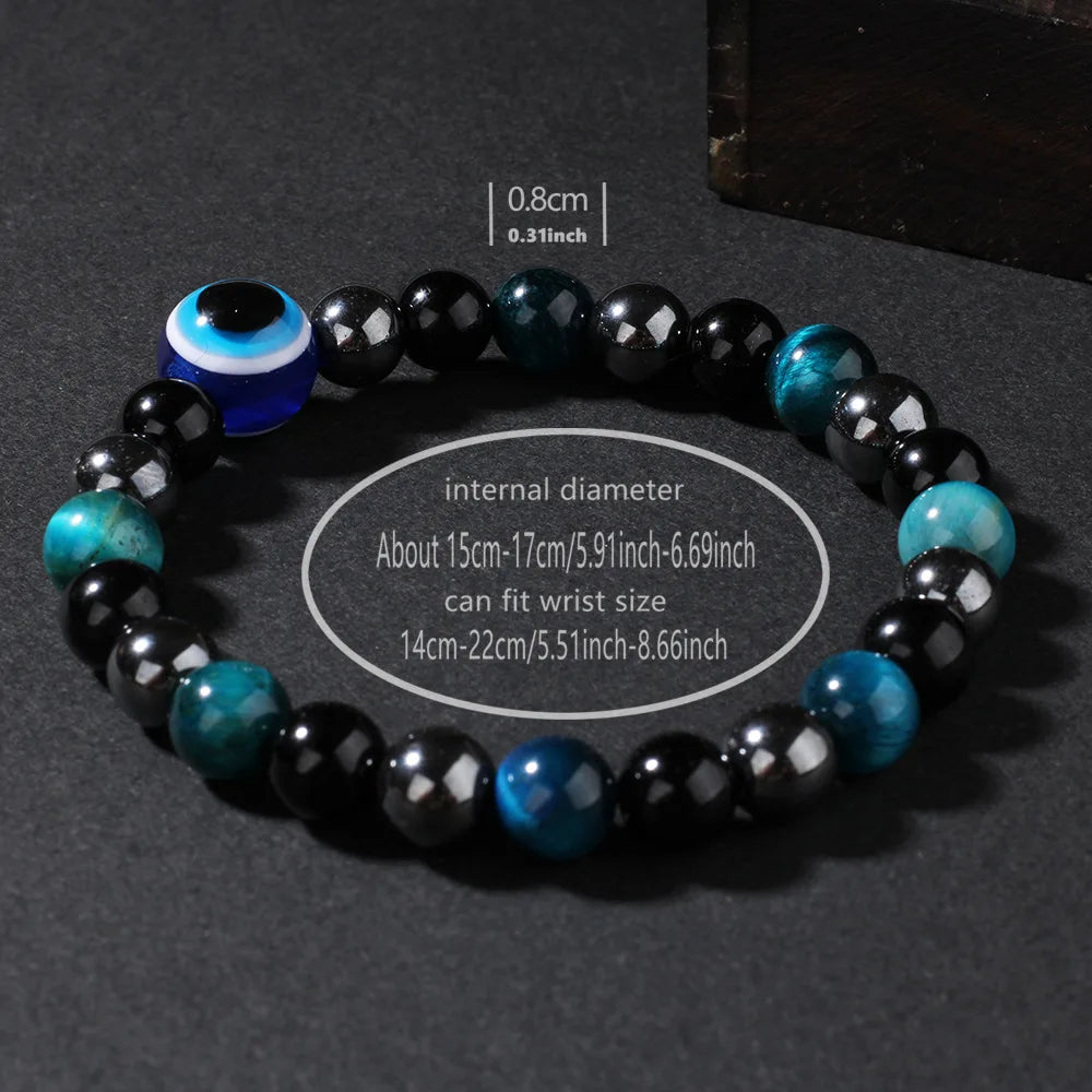 Triple Protection Bracelet - Blue Tiger's Eye & Black Obsidian Evil Eye Handmade Stretch Beaded Bracelet