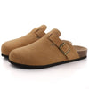 Women's Suede Mules with Cork Insole, Arch Support Slip-On Sandals with Adjustable Buckle – Casual Summer Slides