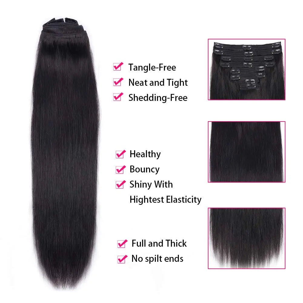 Seamless Clip-In Human Hair Extensions 8-Piece 120g Brazilian Remy Straight 16-26 in (41-66 cm)