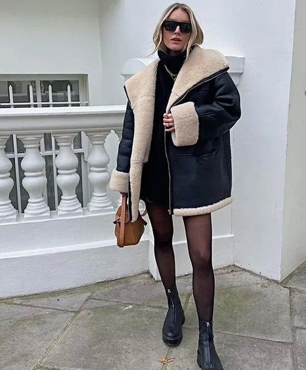 Women's PU Faux Leather Fur-Lined Coat - Lapel Collar, Zipper, Warm Long Overcoat, High Street Style