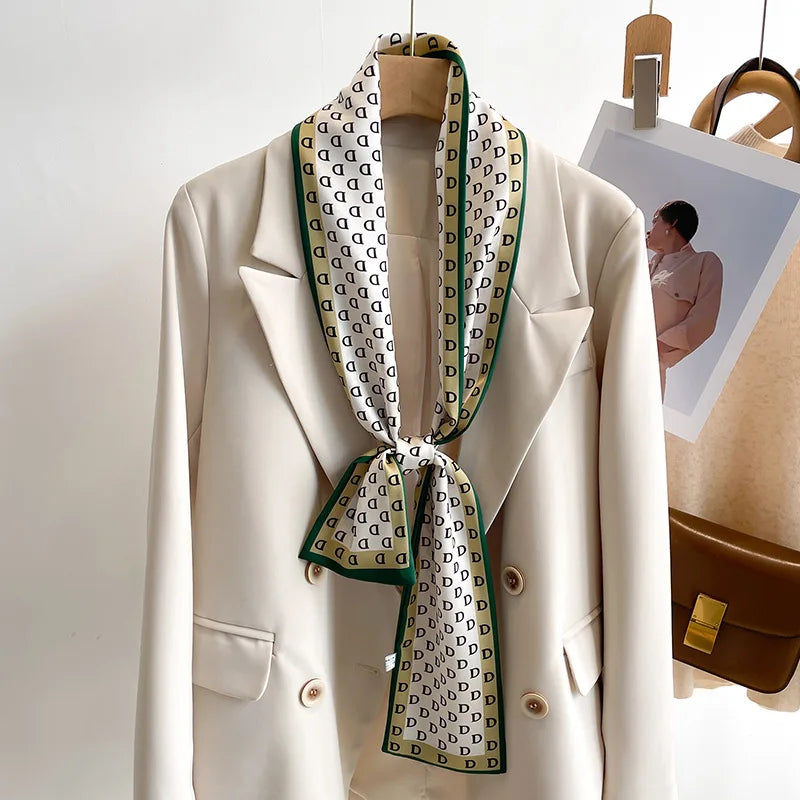 Women's Silk-Feel Printed Long Narrow Scarf 12 x 148 cm (4.7 x 58.3 in) - 50+ Colors | Headband & Shawl