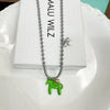 Enamel Horse Pendant Necklace - Silver-Plated Zinc Alloy Chain Choker (White, Black, Green, Blue, Pink)