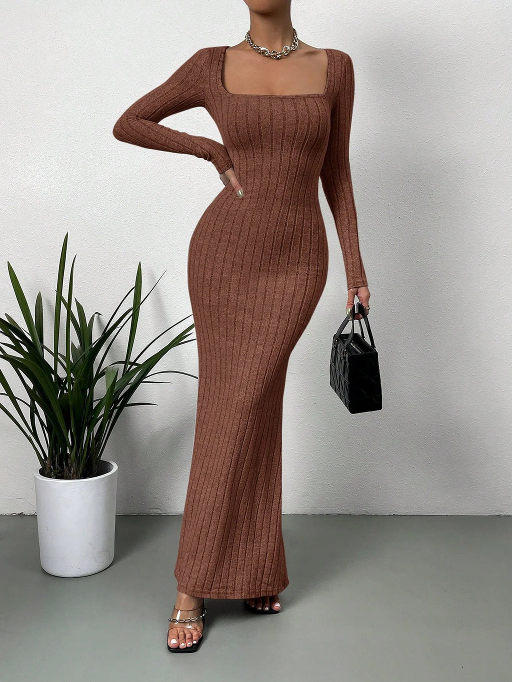 Women's Square Neck Mid-Length Knit Dress Slim Fit Long Sleeve Wrap Retro Fall Casual