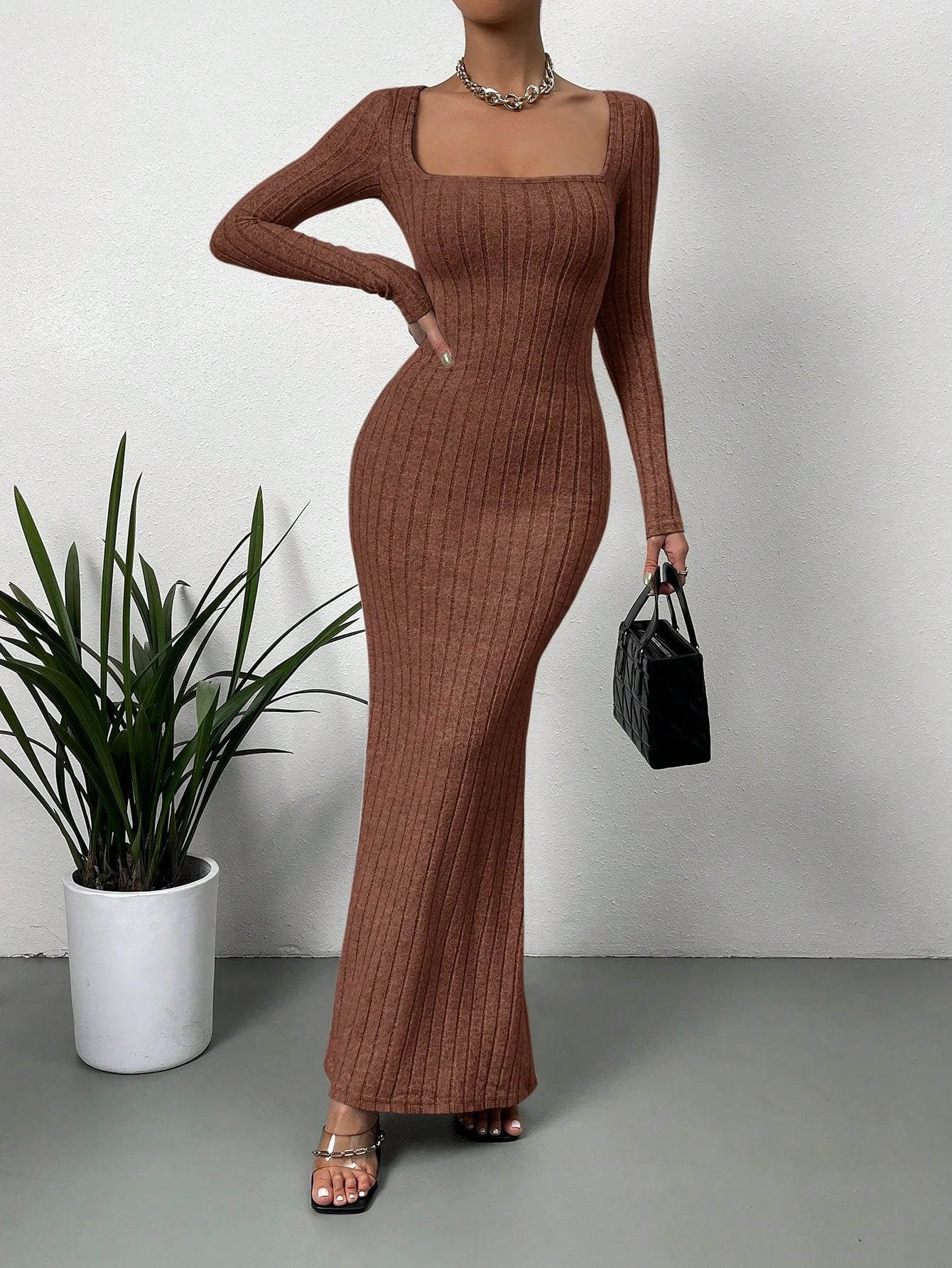 Women's Square Neck Mid-Length Knit Dress Slim Fit Long Sleeve Wrap Retro Fall Casual