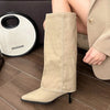 Women's Chunky Knee-High PU Leather Chelsea Boots Pointed Toe Square Heel Platform Winter Boots