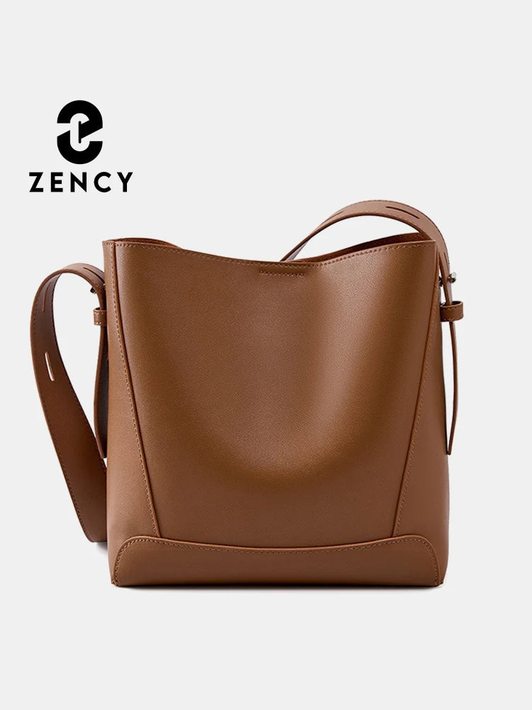 Zency Two-Layer Split Leather Large Bucket Shopper Shoulder Tote Bag – Commuter Handbag for Women