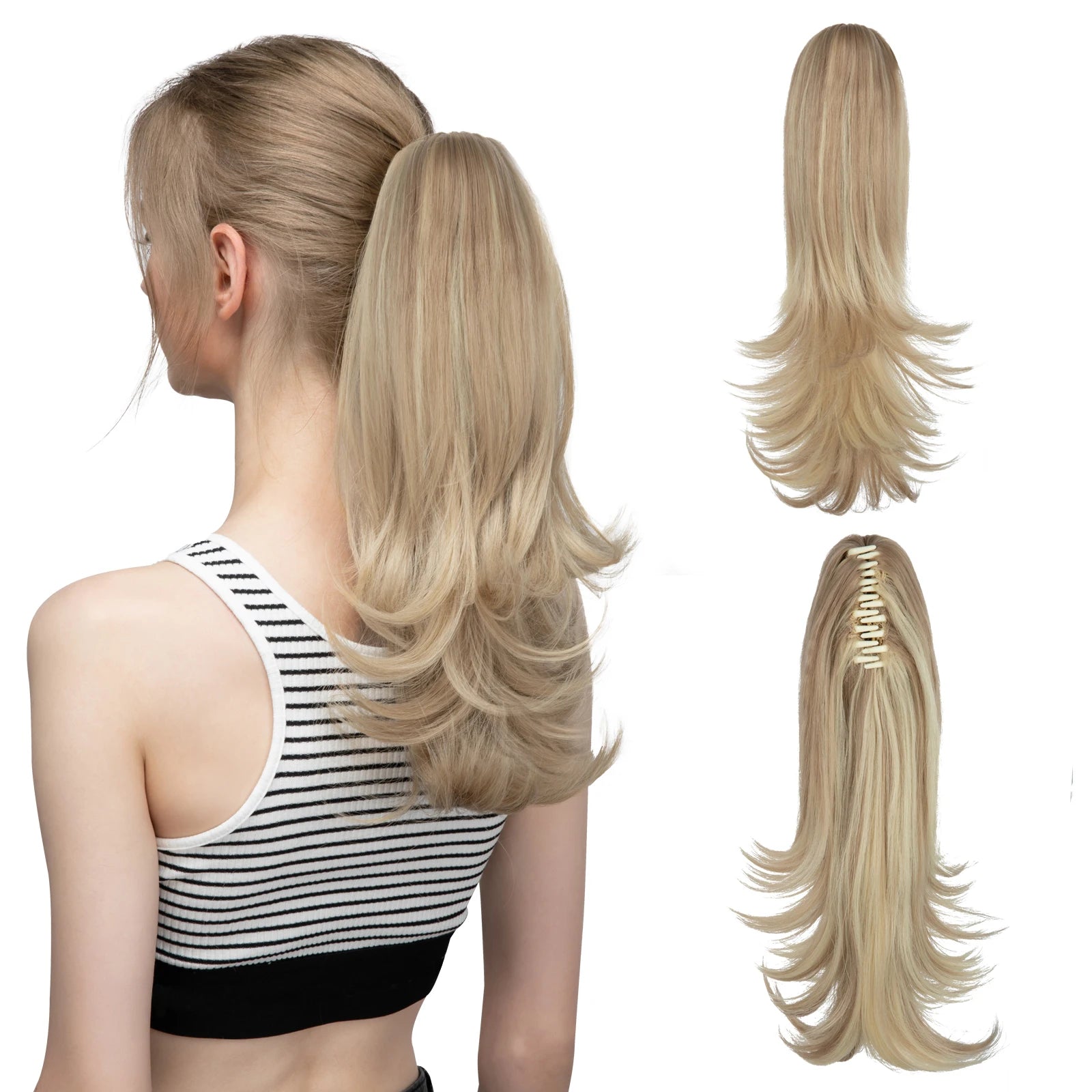 14-Inch (35 cm) Wavy Clip-In Ponytail Extension – Synthetic Claw Clip with Elastic Band, 1 Piece (Blonde/Black)