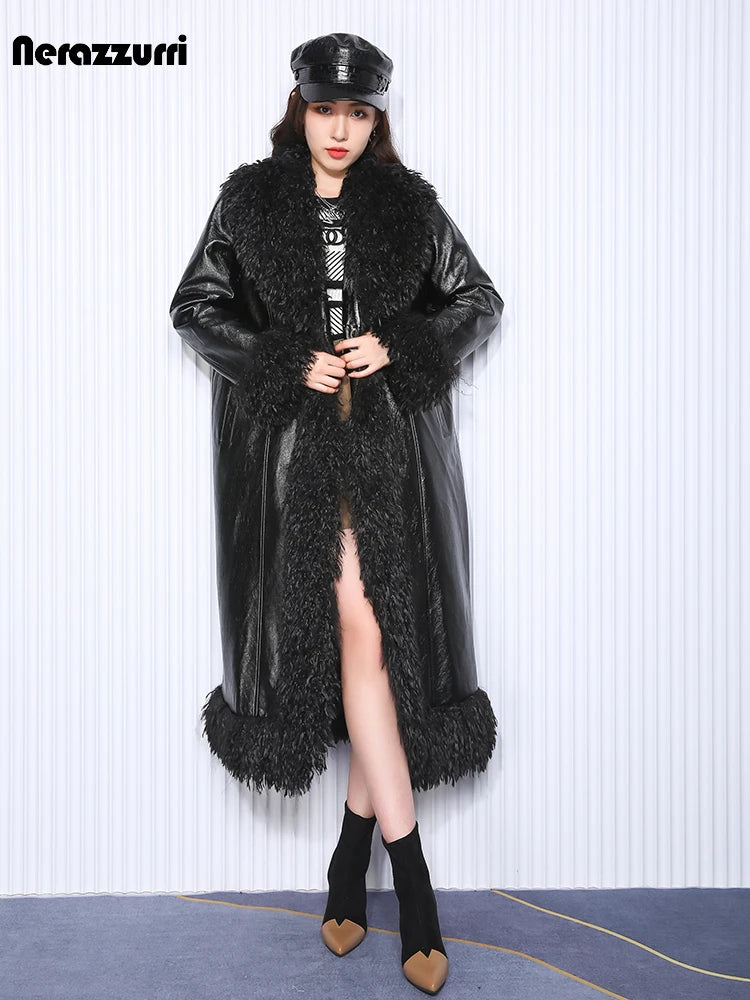 Nerazzurri Women's Long Quilted PU Leather Coat with Faux Fur Trim Oversized Belted Winter Coat with Pockets