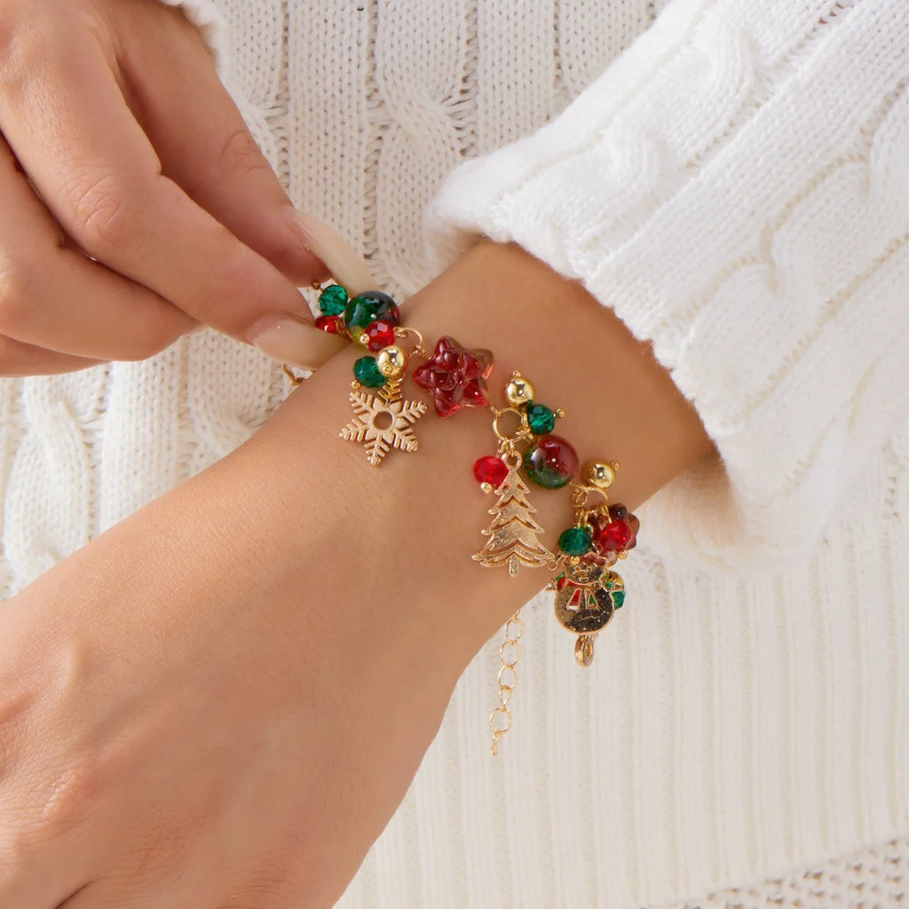 Christmas Charm Bracelet Unisex — Snowflake Santa Snowman Reindeer Bell Crystal Beads Holiday Gift