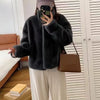 Women's Stand Collar Faux Fur Patchwork Jacket, Short Leather-Style Outerwear, Long Sleeve Autumn Winter Coat