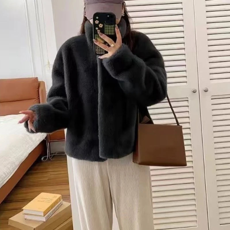 Women's Stand Collar Faux Fur Patchwork Jacket, Short Leather-Style Outerwear, Long Sleeve Autumn Winter Coat