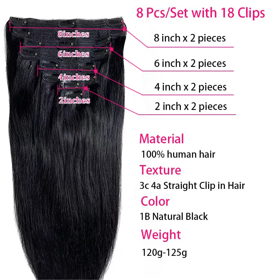 8-Piece 120g Clip-In Hair Extensions — Remy Human Hair Straight, 10–26 in (25–66 cm) — Natural Black / #4 / #613