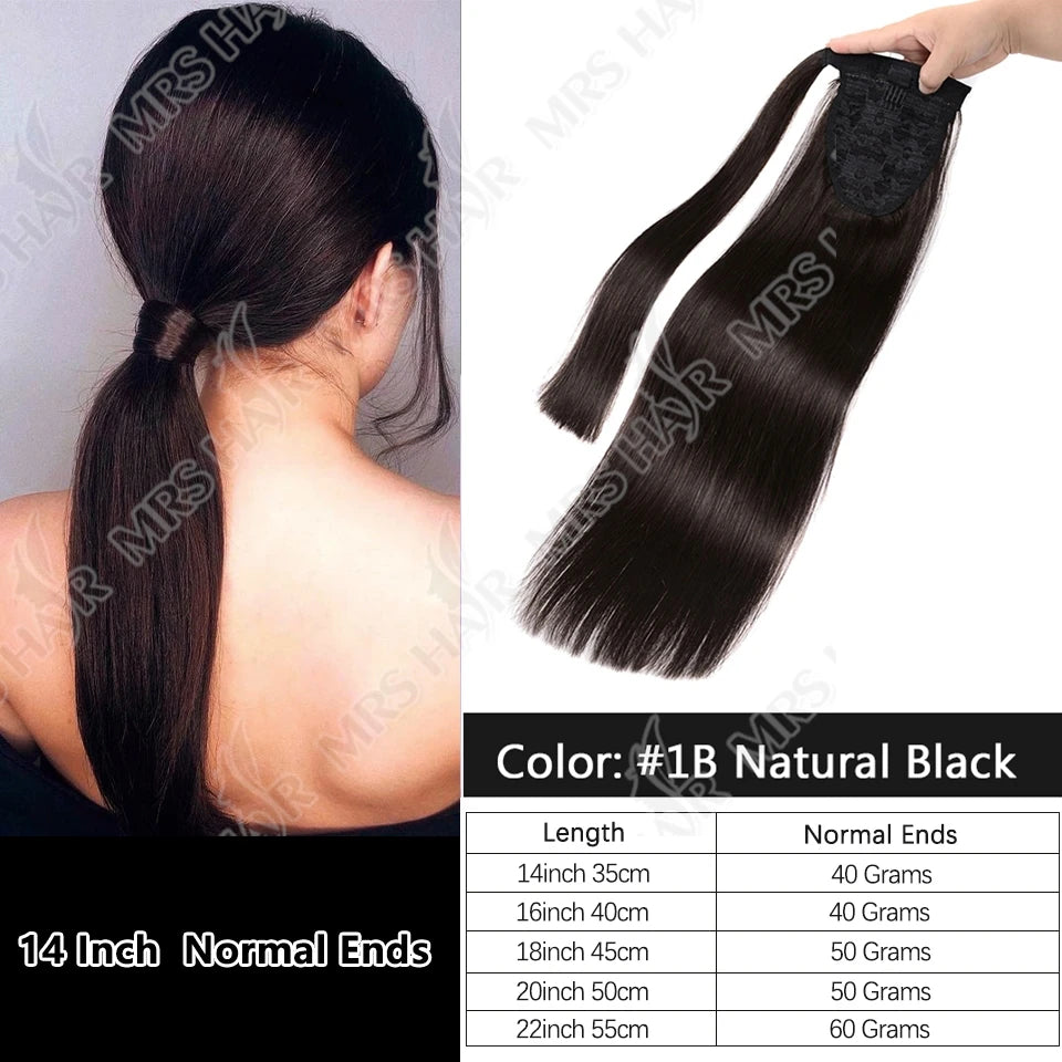 MRSHAIR 100% Remy Human Hair Clip-In Wrap-Around Ponytail Extension Straight — Blonde, Brown, Black