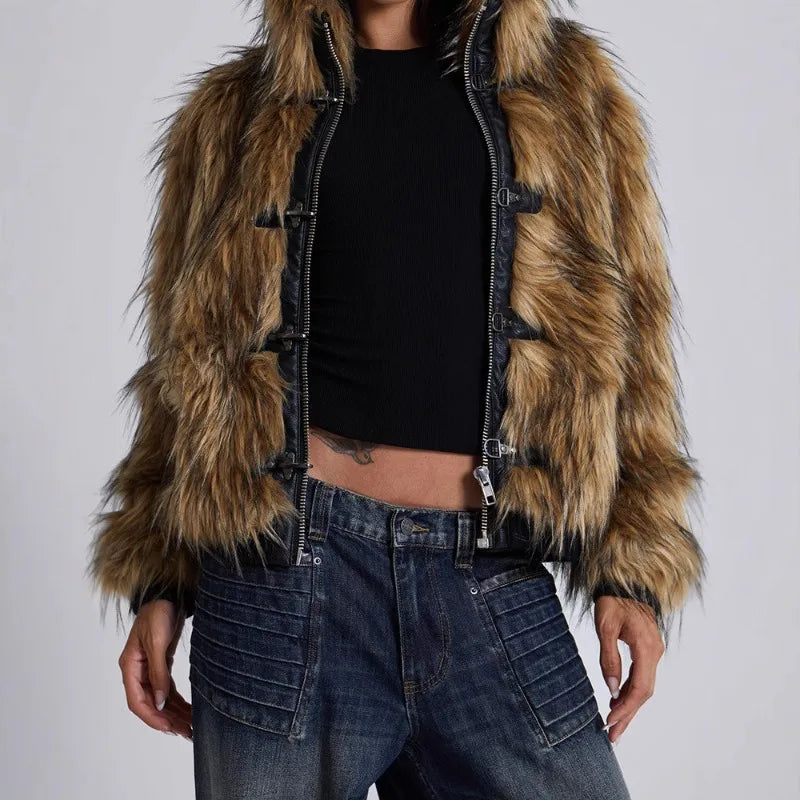 Women's Hooded Faux Fur Patchwork Coat – Short Shaggy Leather-Trim Warm Winter Jacket