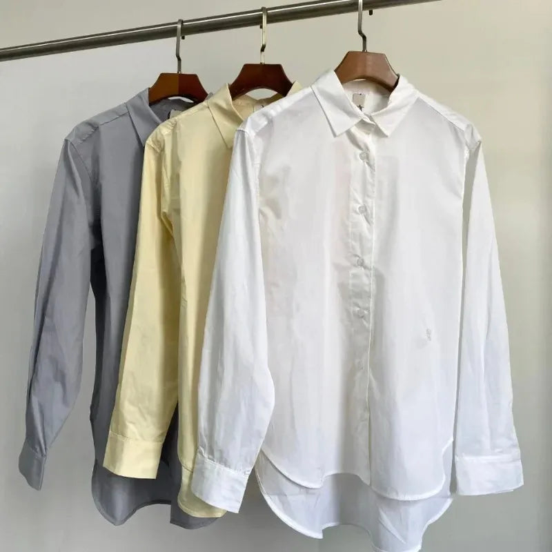 Women's Vertical Striped Shirt - Loose Long-Sleeve Button-Up Blouse with Asymmetric Hem, Office Commuter Style