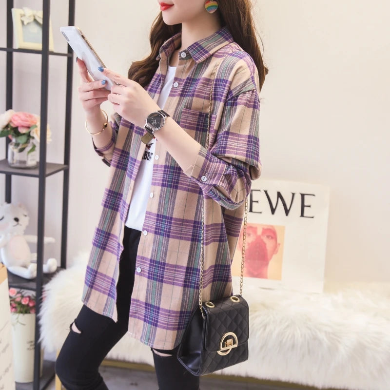 Women's Casual Loose Plaid Flannel Shirt - College Style Long-Sleeve Button-Up Blouse
