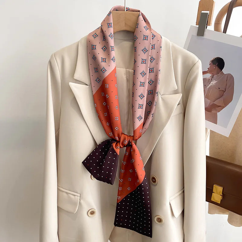 Women's Silk-Feel Printed Long Narrow Scarf 12 x 148 cm (4.7 x 58.3 in) - 50+ Colors | Headband & Shawl