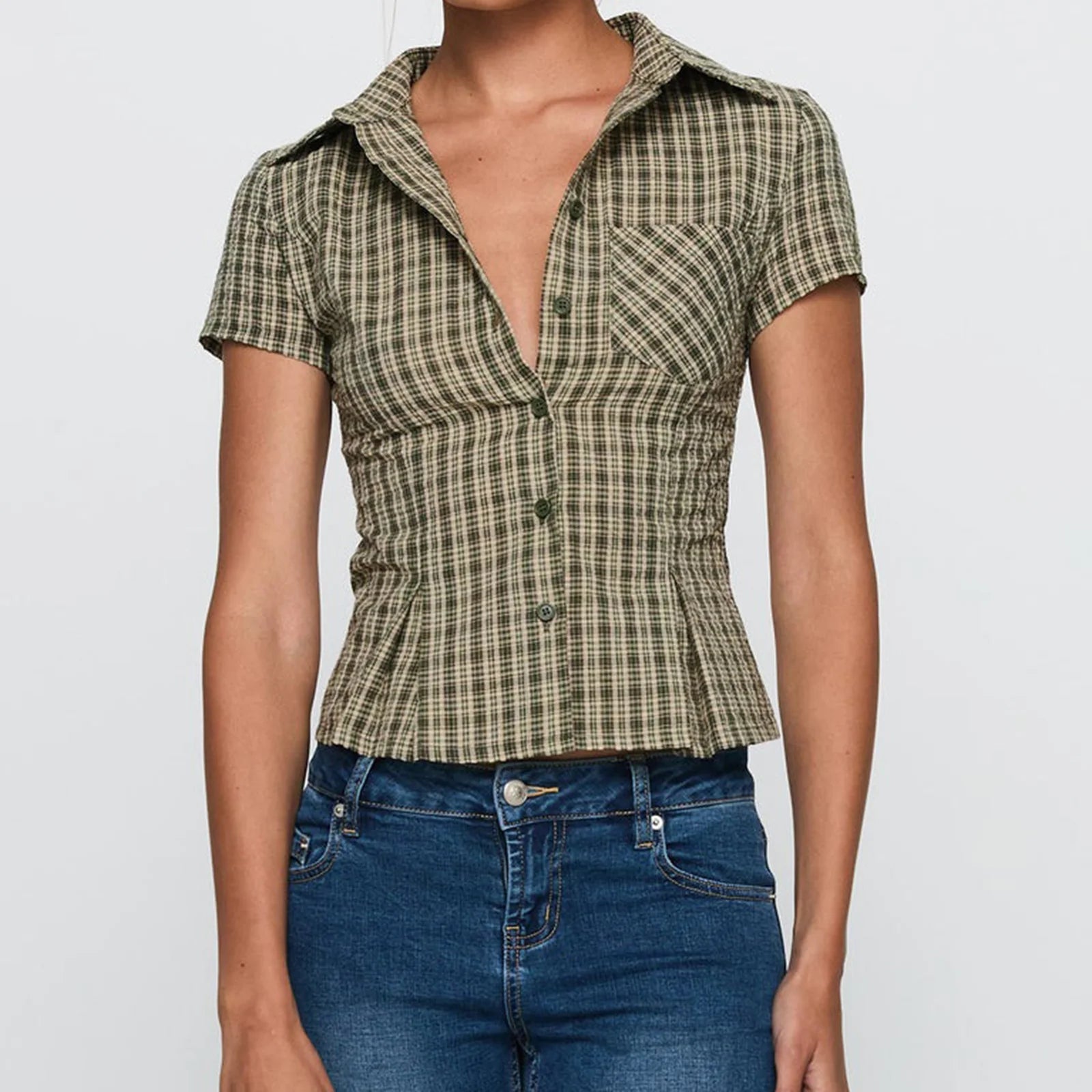 hirigin Women's Y2K Plaid Short-Sleeve Button-Down Shirt - Slim Casual 90s Streetwear Summer Top