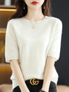 Women's Short-Sleeve Knit O-Neck Pullover - Wool-Cotton Blend Lightweight Summer Top