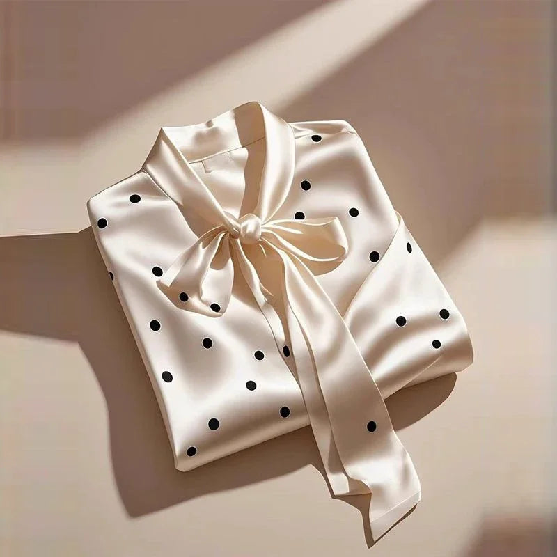 High-Quality Satin Polka Dot Blouse for Women — Lace-Up Bow Long Sleeve Office Casual Top