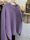 Vintage Grey V-Neck Knit Pullover Sweater for Women – Casual Loose Fit, Autumn/Winter