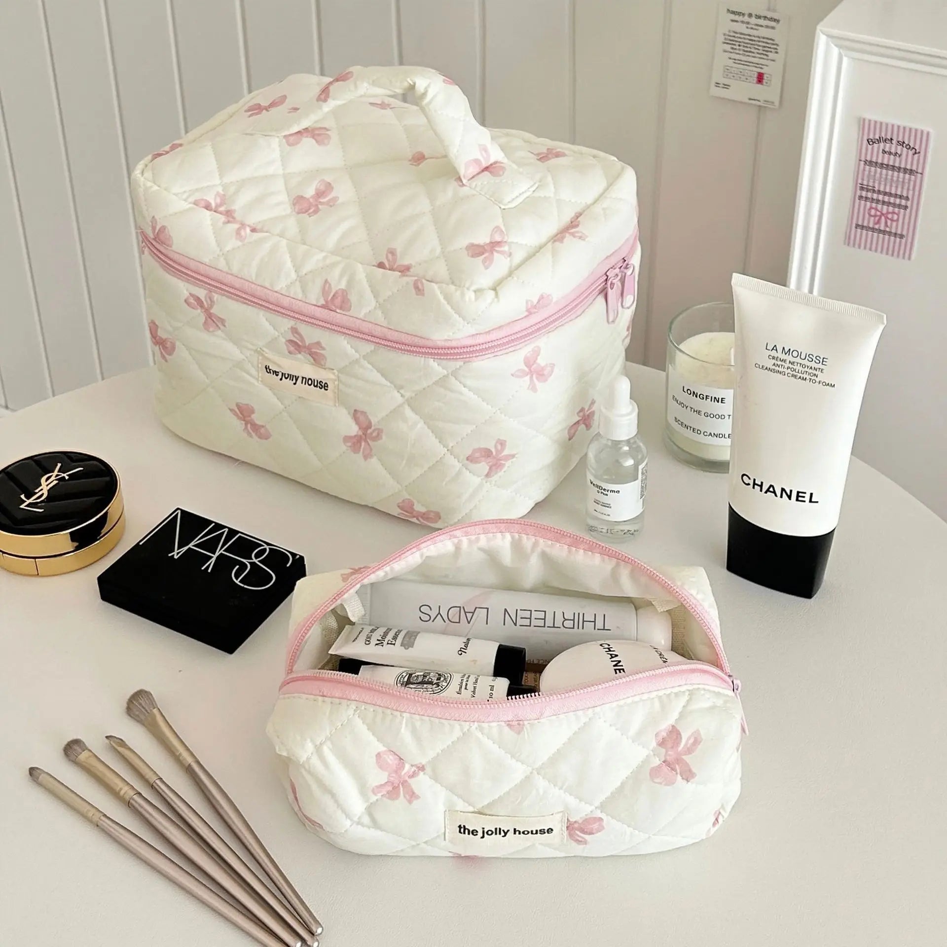 Korean Bow Print Makeup Bag – Large Capacity Travel Cosmetic Case, S/M/L