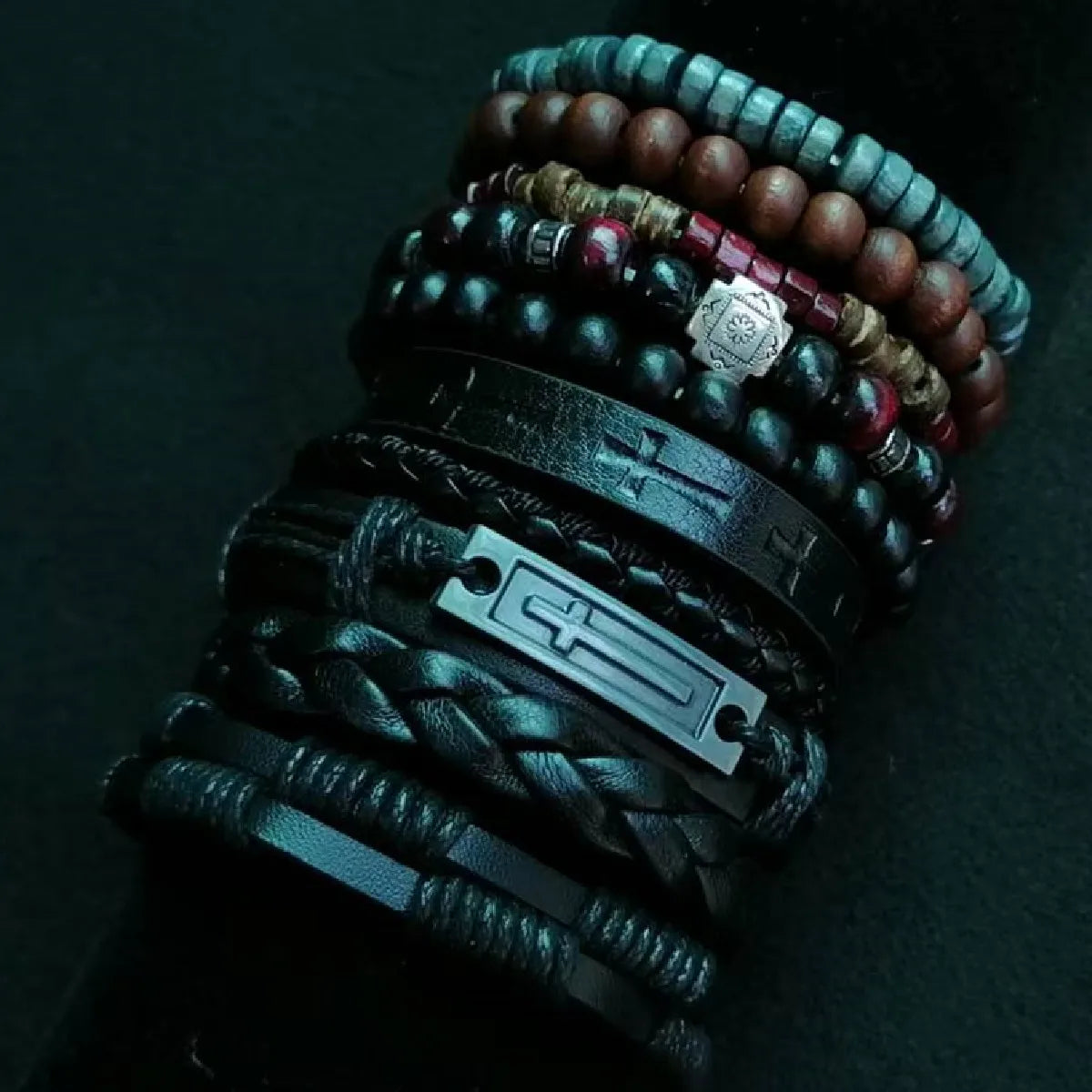 10-Pack Khaki & Black Woven Leather Wrap Bracelets - Handmade Adjustable Unisex