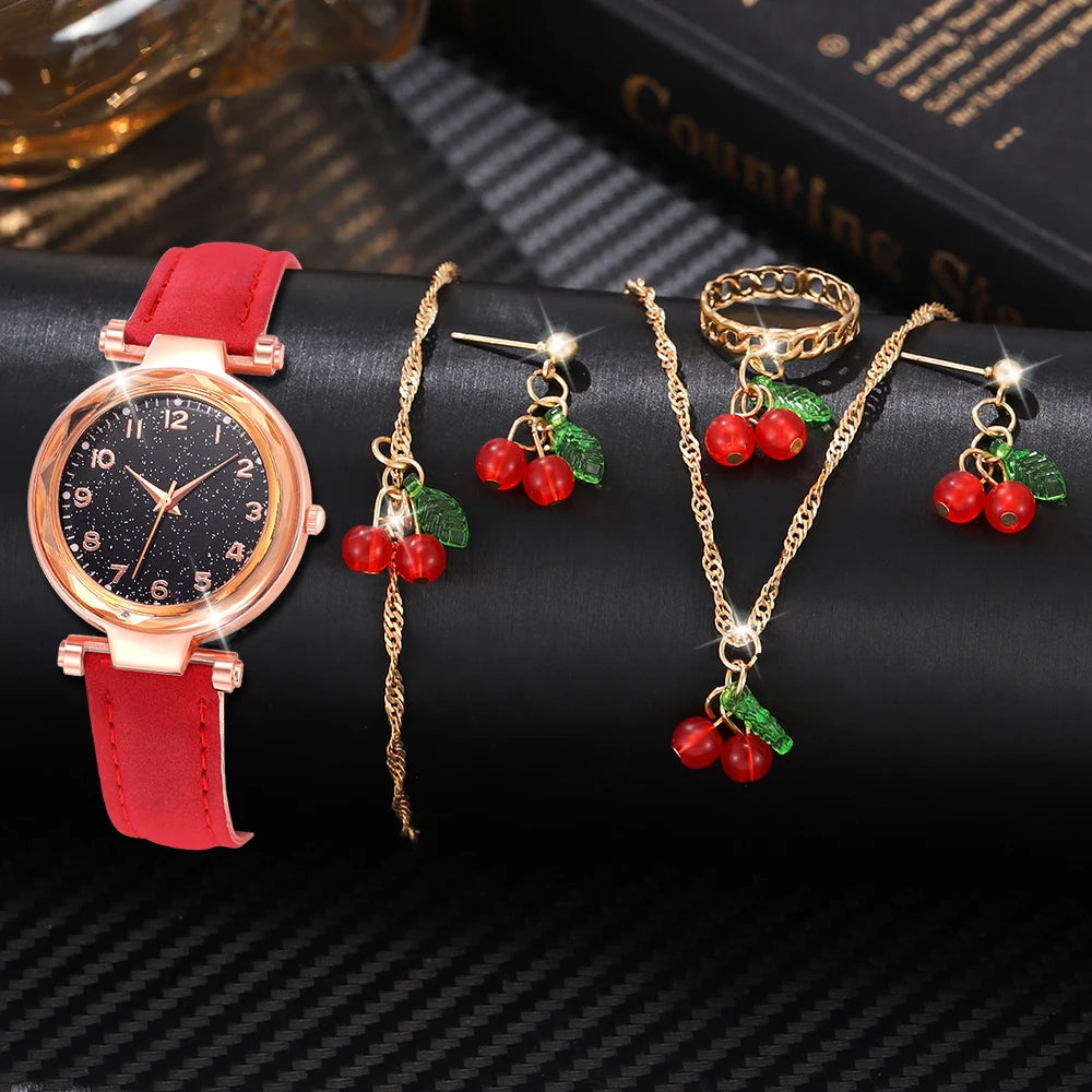 6-Piece Red Women’s Watch & Cherry Jewelry Gift Set – Minimalist Quartz Watch with Leather Strap