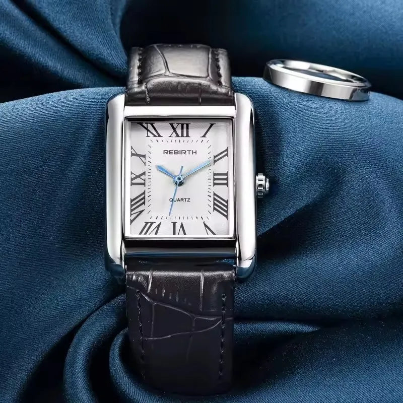 REBIRTH Elegant Women's Quartz Square Dial Watch Leather Strap Water-Resistant Business Watch