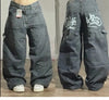 Oversized Black Washed Wide-Leg Jeans for Women - Loose High-Waist Streetwear with Letter Print