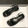 Roman Style Women's Flat Open-Toe Sandals Breathable Rubber Summer Sandals with Low Square Heel