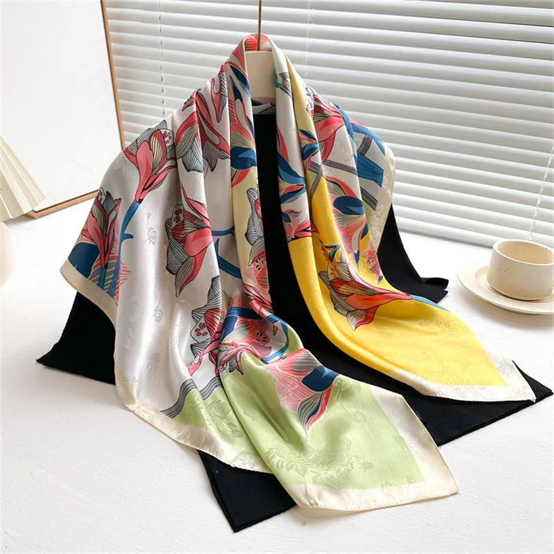 90 x 90 cm (35 x 35 in) Twill Silk-Feel Square Scarf – Women’s Luxury Tree Print Head Scarf, Shawl, Hijab, Bandana
