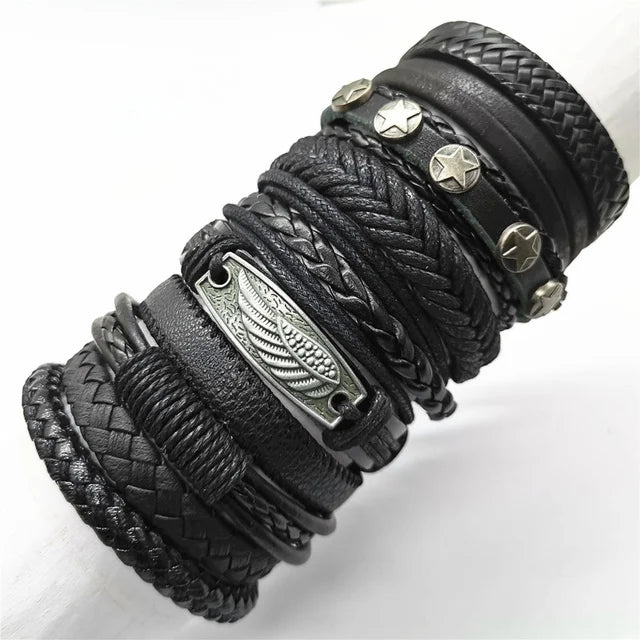 10-Pack Adjustable Black Woven Wrap Leather Bracelets – Handmade Unisex Rope Chain Lace-Up
