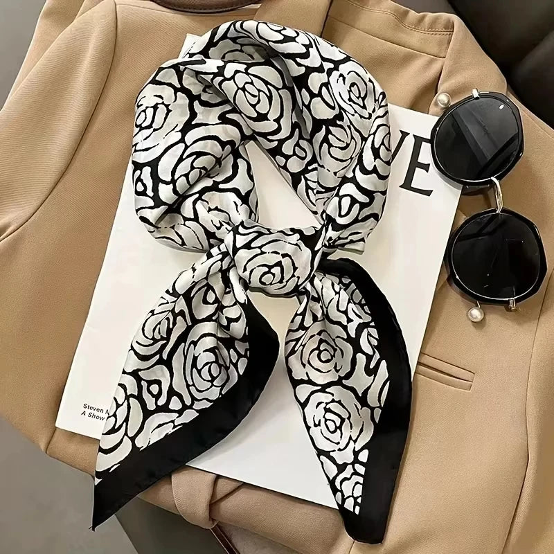 Luxury Square Silk-Feel Scarf 70 x 70 cm (27.6 x 27.6 in) Korean Fashion Floral Bandana Kerchief Wrap