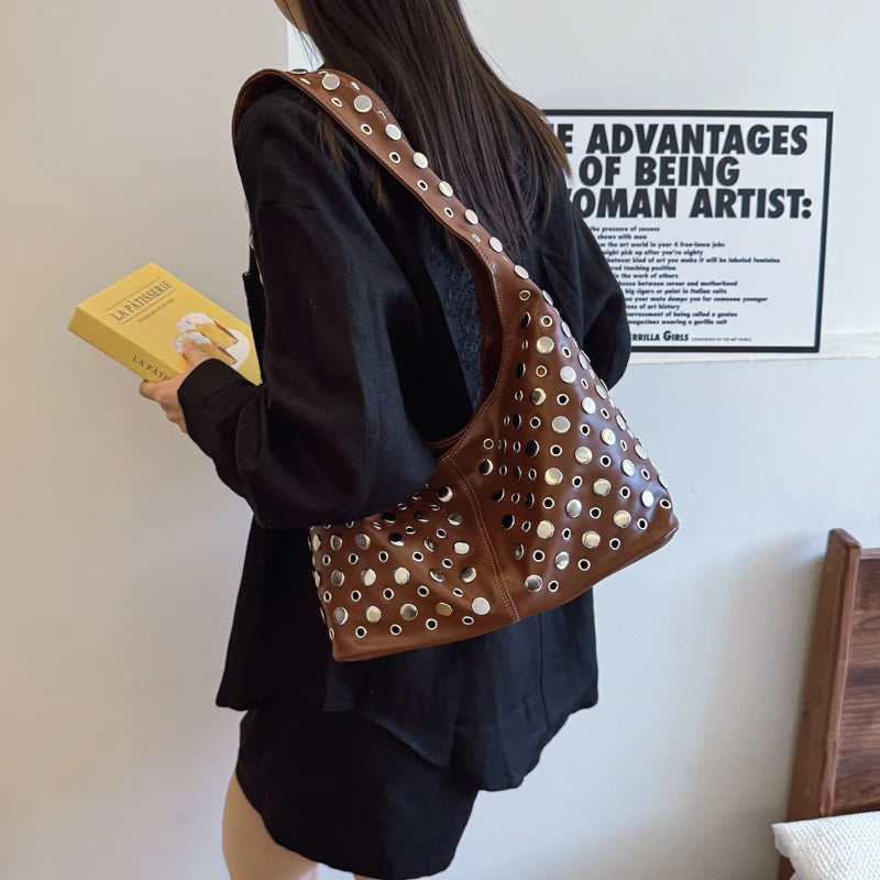 Rivets PU Leather Bucket Hobo Bag for Women - Punk Shoulder Handbag Purse