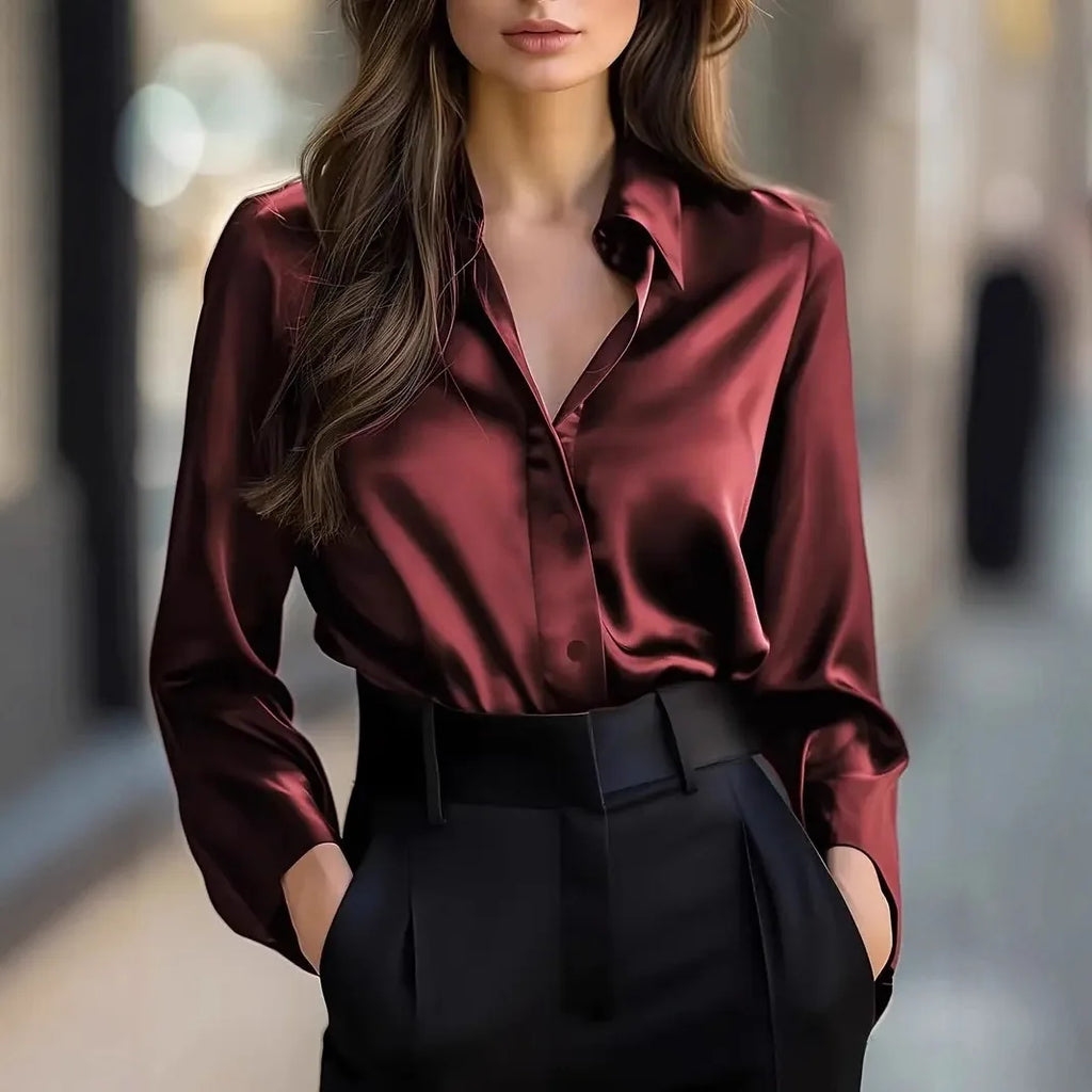 Women's Lapel Button Cardigan Blouse – Office Chic Long-Sleeve Top for Spring & Autumn