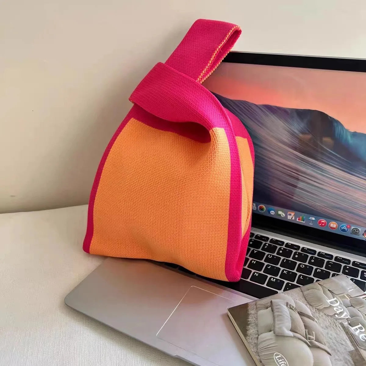 Handmade Knitted Knot Wrist Bag - Striped Mini Tote for Women, Large-Capacity Phone Bucket, Autumn Winter Casual