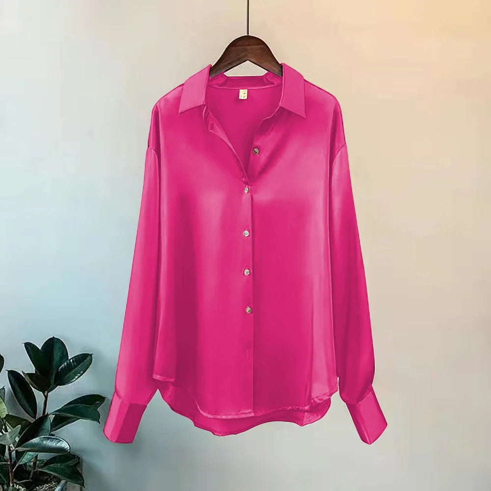 Women's Satin Button-Front Blouse — Korean Long Sleeve Casual Office Top, Slim Fit