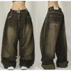 Women's Blue Washed Baggy Wide-Leg Jeans Mid-Rise Harajuku Hip Hop Casual